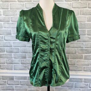 Vintage Emerald Green Satin Top Blouse Retro Cottage Womens Lg